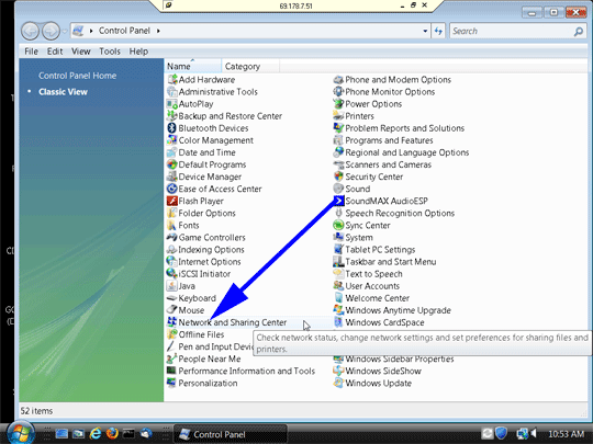 Click Network and Sharing Center icon